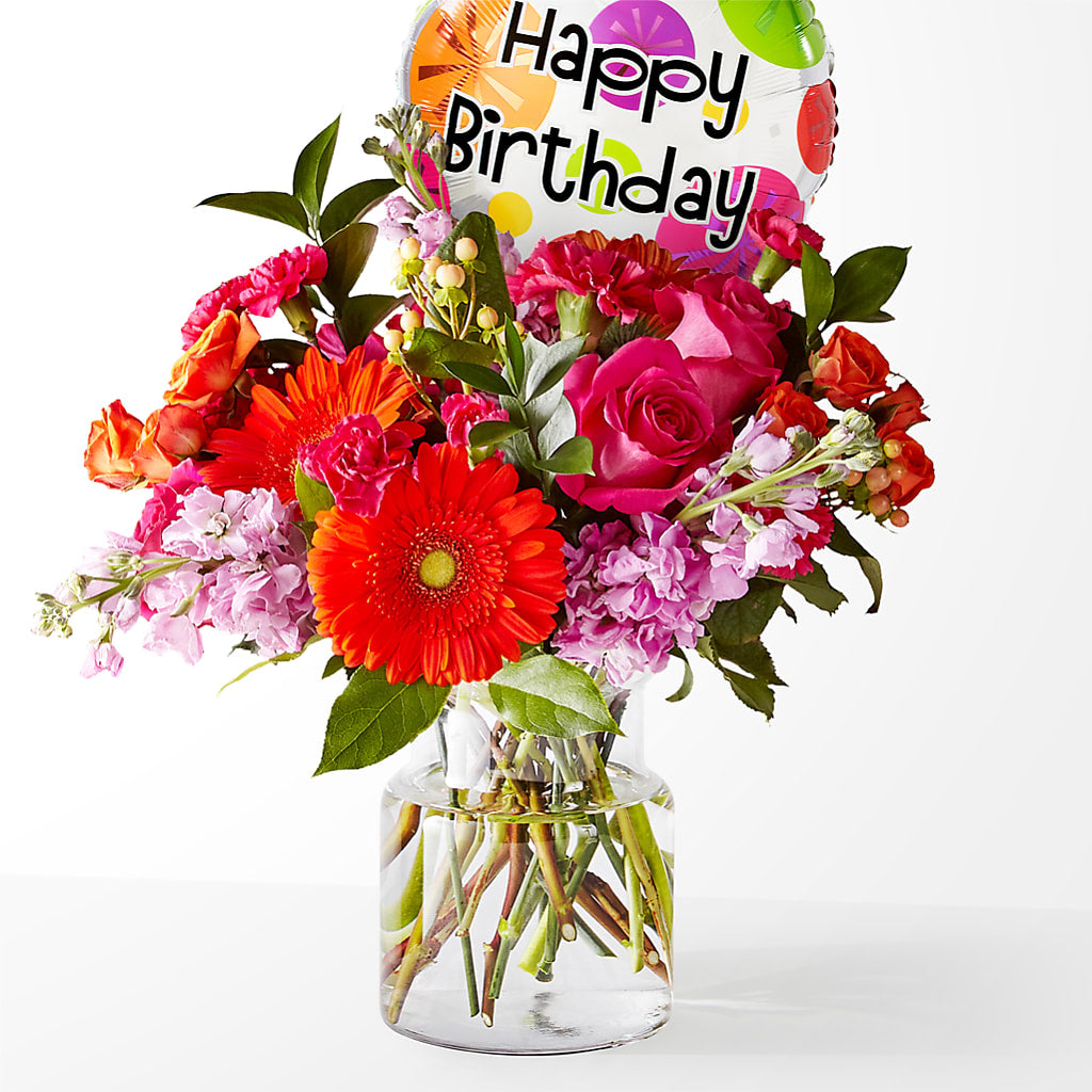 Fiesta Bouquet with Birthday Balloon – Abell Flower Shop, Abernathy TX