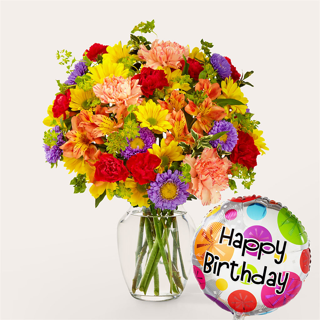 Kaleidoscope Bouquet with Birthday Balloon – Abell Flower Shop, Abernathy TX