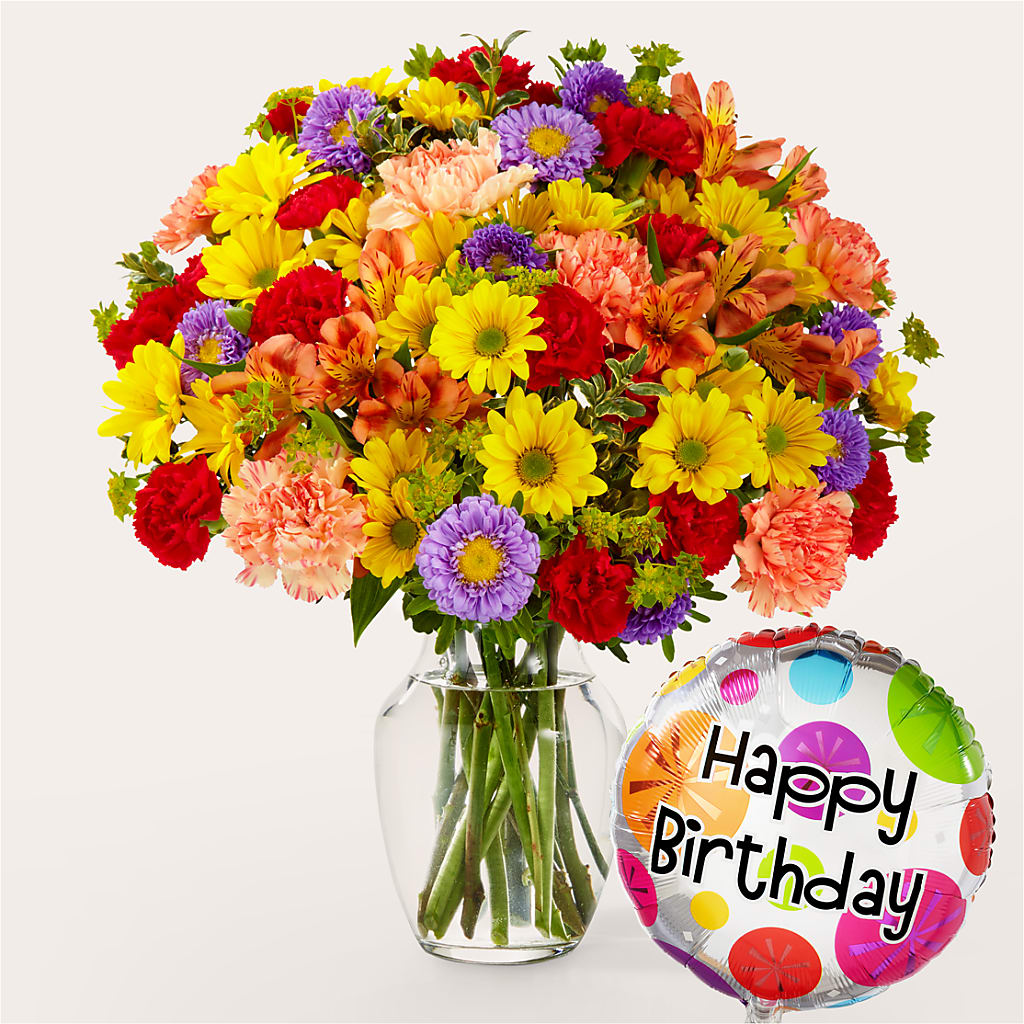 Kaleidoscope Bouquet with Birthday Balloon – Abell Flower Shop, Abernathy TX