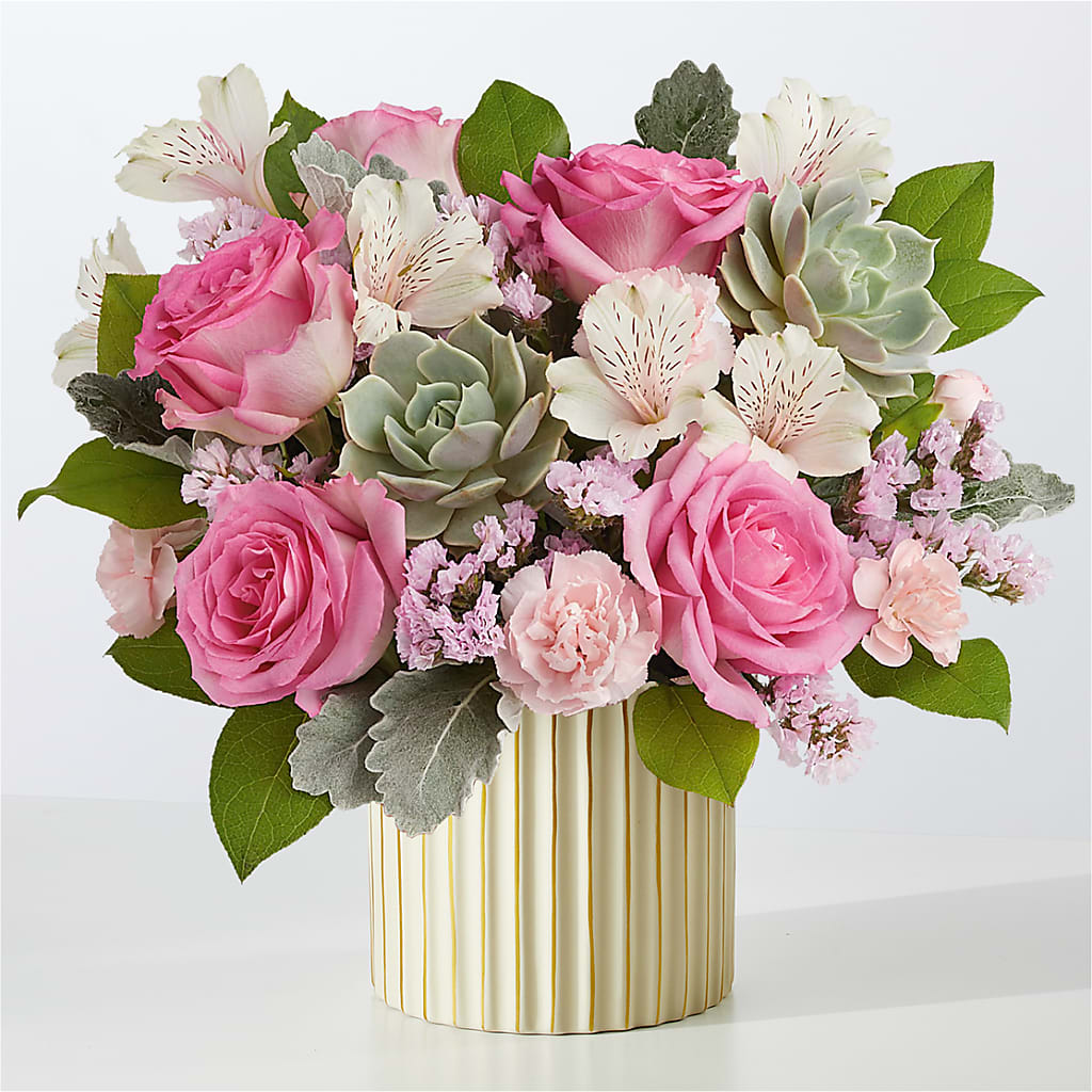 Dusty Rose Bouquet with Ivory Vase – Abell Flower Shop, Abernathy TX