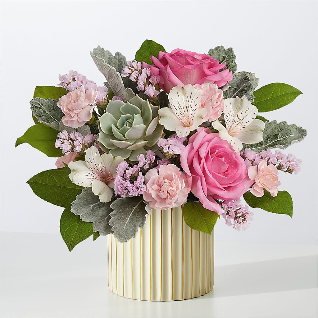 Dusty Rose Bouquet with Ivory Vase – Abell Flower Shop, Abernathy TX