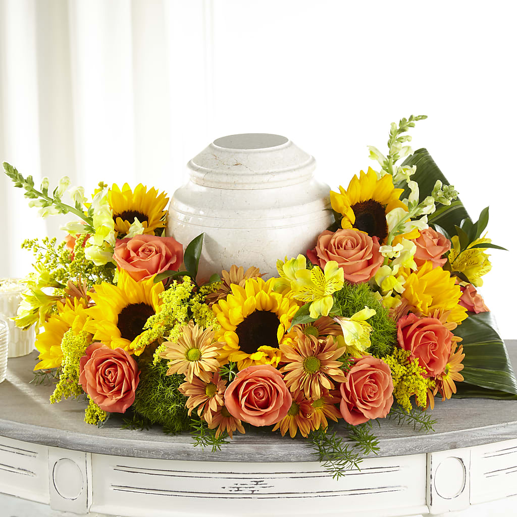 Faithful Sunflower Cremation Adornment – Abell Flower Shop, Abernathy TX