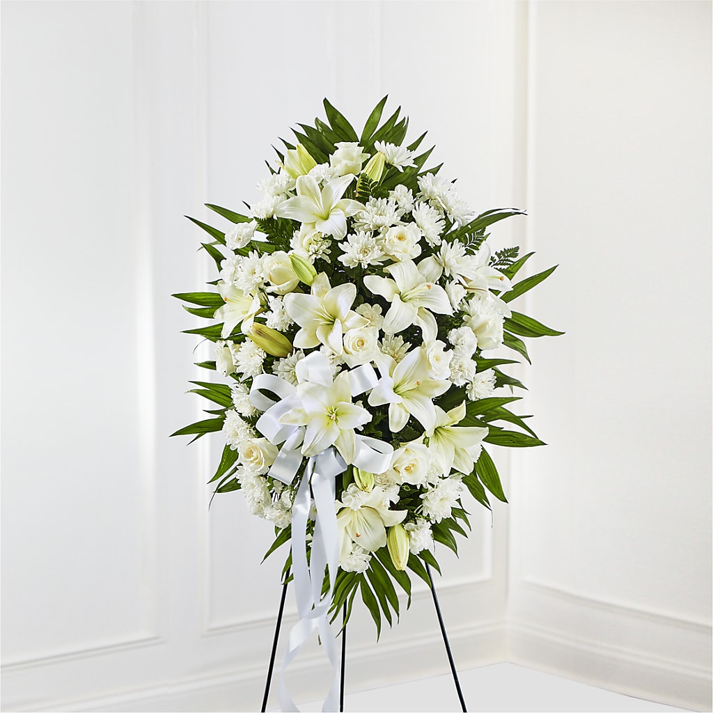 Exquisite Tribute Standing Spray-White Ribbon – Abell Flower Shop, Abernathy TX