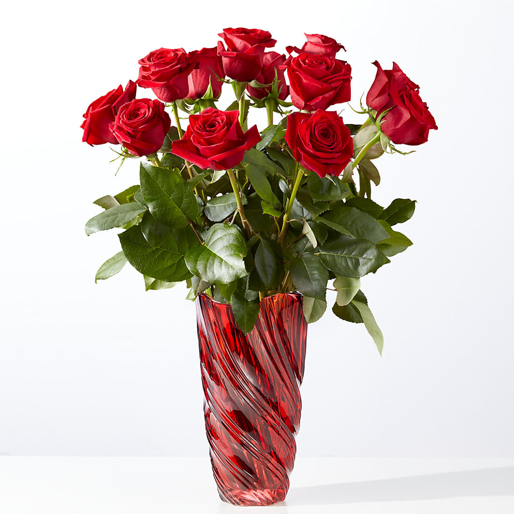 Classic Love Red Rose Bouquet with Luxe Swirl Vase – Abell Flower Shop, Abernathy TX